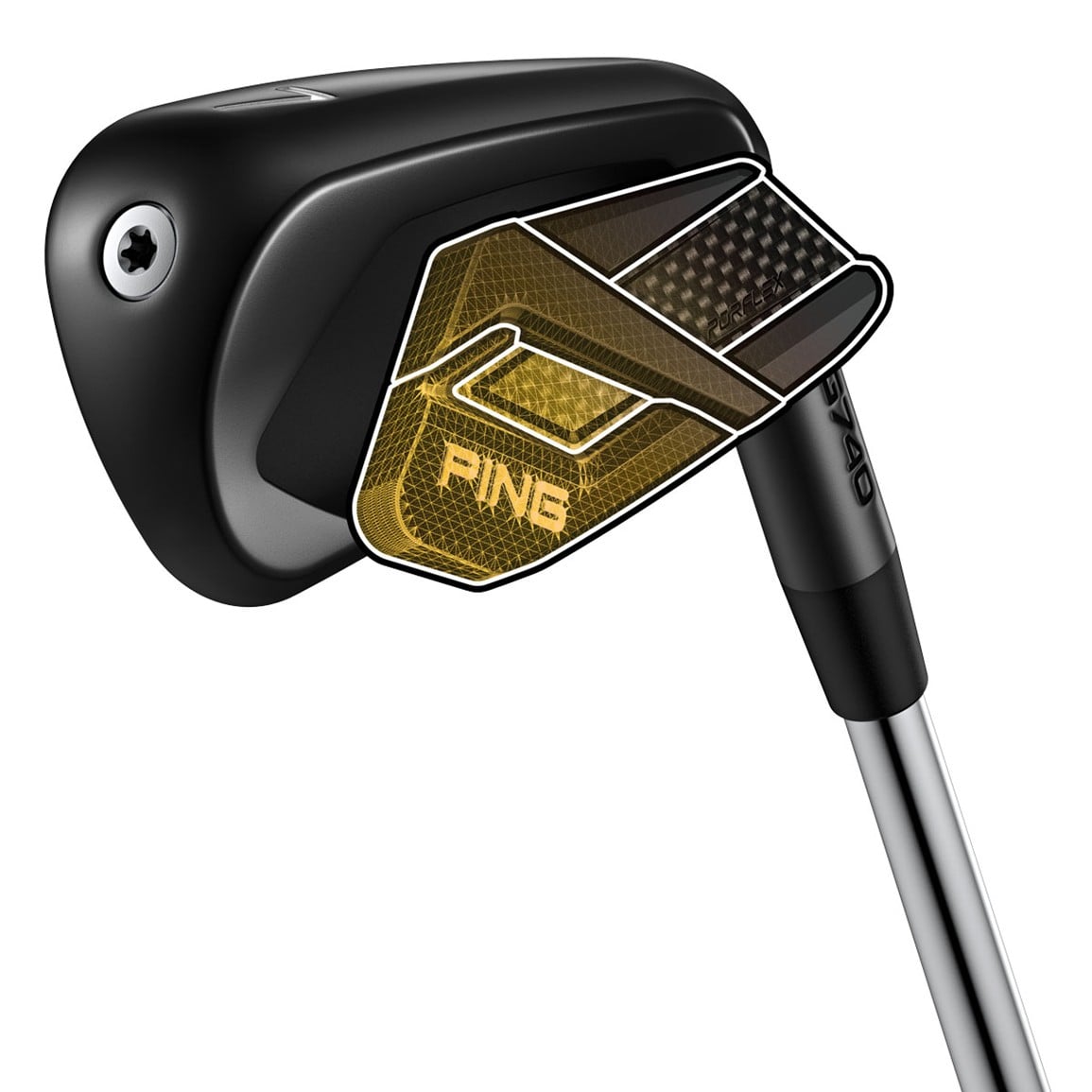 Cavity view of the PING G740 Midnight Iron showing the 3-piece PurFlex badge