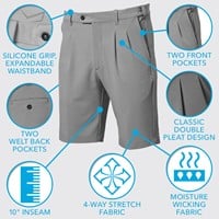 TGW Men's Pleated Expandable Waist Performance 10in Golf Shorts