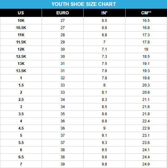 Youth Shoe Size Chart